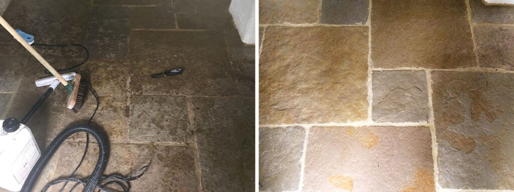 Sandstone tiled floor before after cleaning in Taunton Somerset